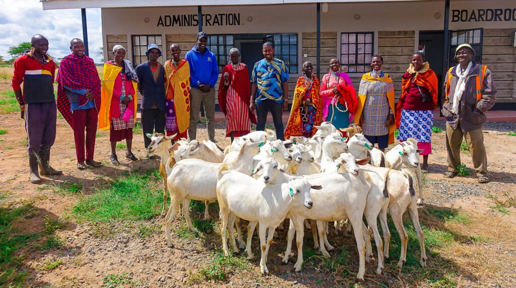 Massajfamiljer står tillsammans med en flock getter från New Life Missions getprojekt